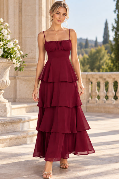 Burgundy A Line Square Neck Spaghetti Strap Tiered Chiffon Evening Dresses