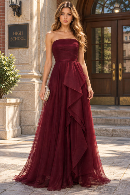 Burgundy A Line Strapless Zip Back Ruffle Evening Dresses