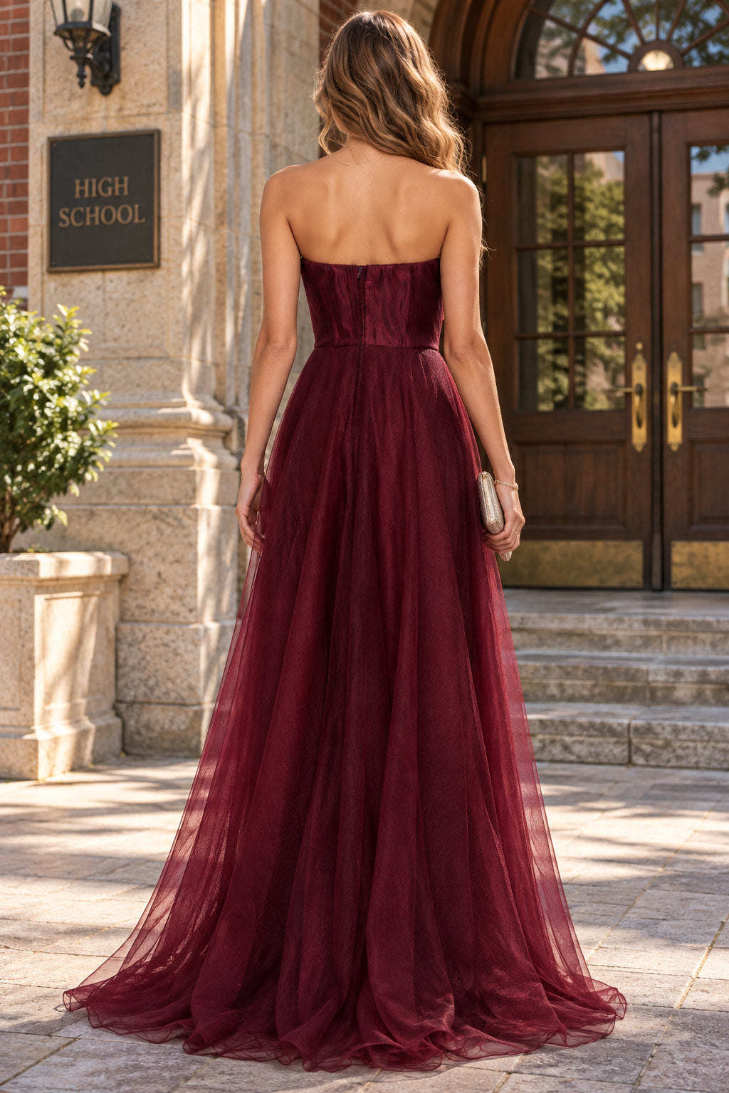 Burgundy A Line Strapless Zip Back Ruffle Evening Dresses