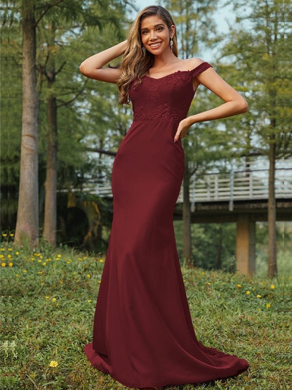 Sheath/Column Jersey Applique Off-the-Shoulder Sleeveless Sweep/Brush Train Bridesmaid Dresses