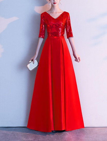 Sheath / Column Mother of the Bride Dress Party Sparkle & Shine Petite V Neck Floor Length Satin Half Sleeve with Bow(s) Pleats Sequin