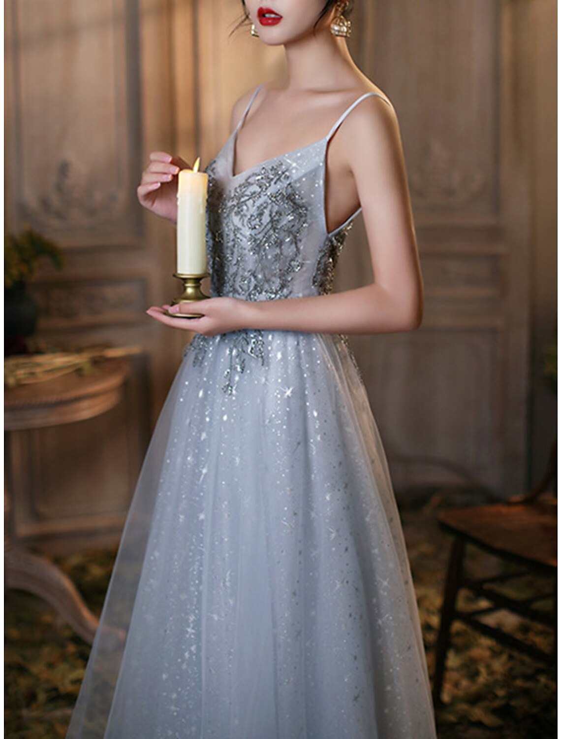 A-Line Sparkle Elegant Prom Formal Evening Dress V Neck Sleeveless Floor Length Tulle with Pleats Beading