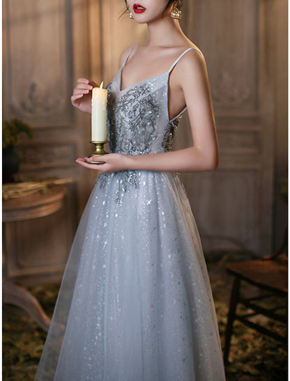 A-Line Sparkle Elegant Prom Formal Evening Dress V Neck Sleeveless Floor Length Tulle with Pleats Beading
