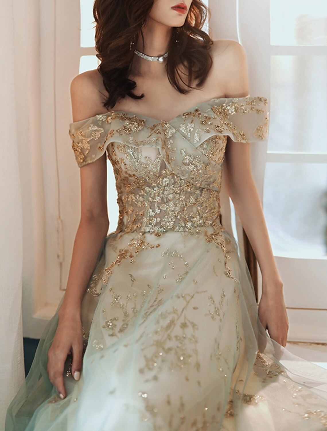 A-Line Glittering Elegant Engagement Formal Evening Dress Off Shoulder Short Sleeve Floor Length Tulle with Sequin