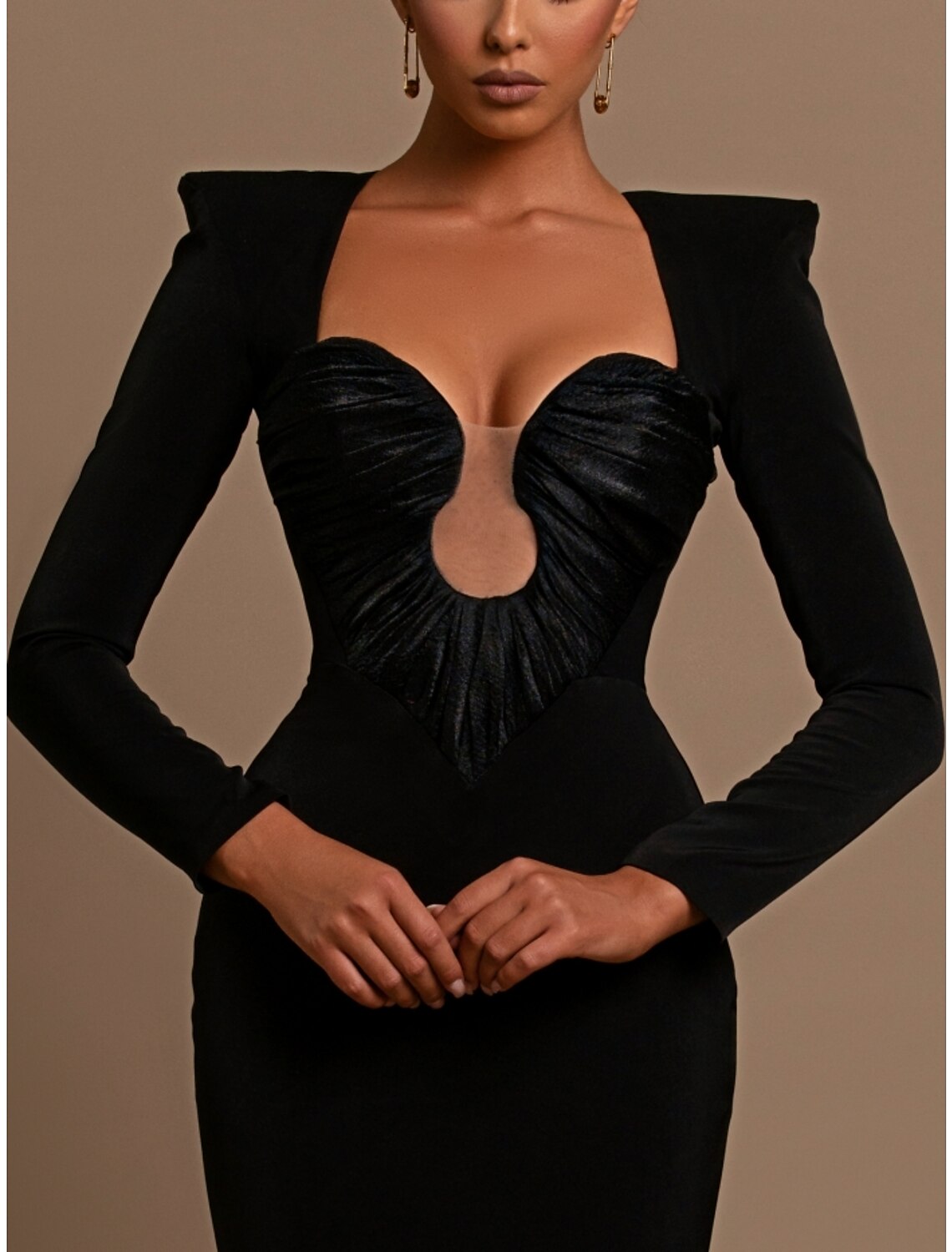 Sheath / Column Evening Gown Elegant Dress Formal Sweep / Brush Black Dress Train Long Sleeve Sweetheart Stretch Fabric with Ruched