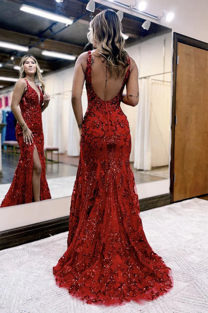 Royal Blue V Neck Sequins Lace Long Mermaid Prom Dress