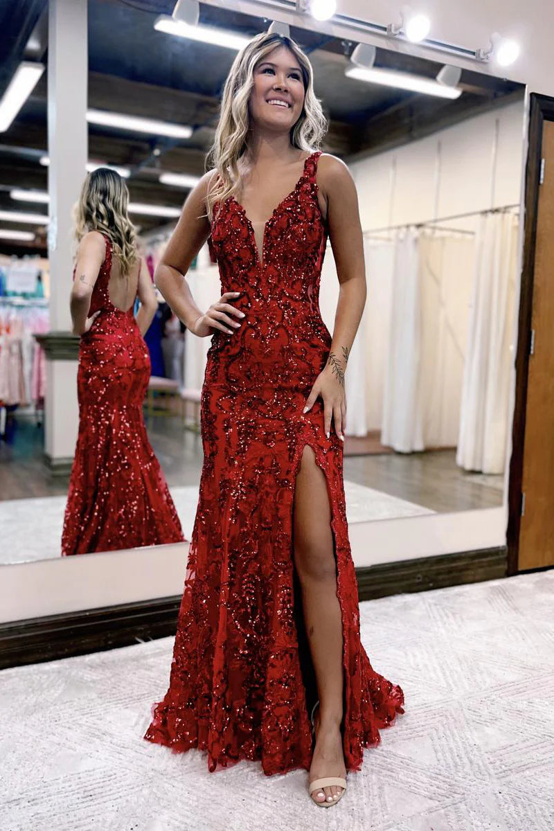 Royal Blue V Neck Sequins Lace Long Mermaid Prom Dress