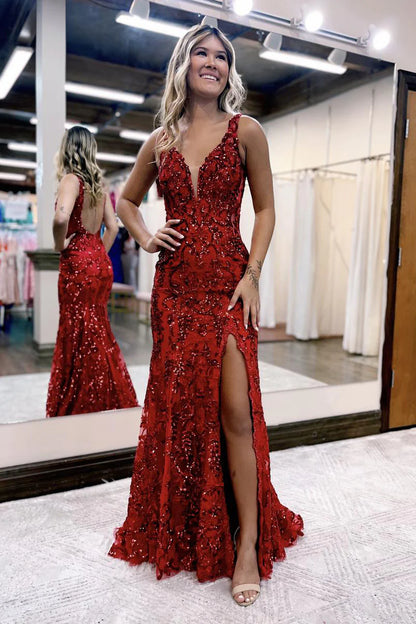 Royal Blue V Neck Sequins Lace Long Mermaid Prom Dress