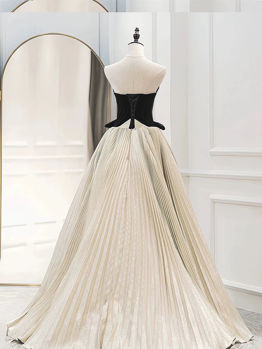 A-Line Sweetheart Neck Satin Velvet Champagne Prom Dress Evening Dress