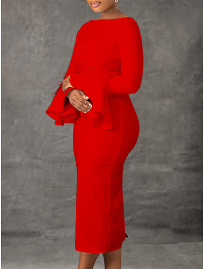 White Dress Party Dress Feather Dress Crew Neck Long Sleeve Midi Dress Birthday Vacation Black White Summer Spring