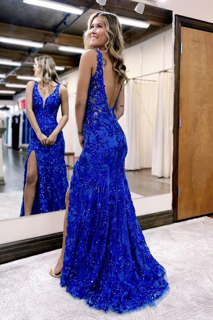 Royal Blue V Neck Sequins Lace Long Mermaid Prom Dress