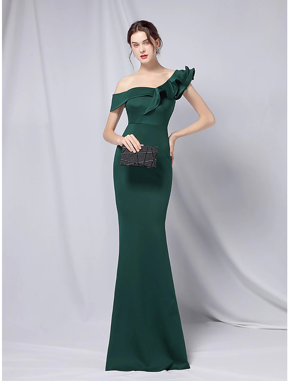Mermaid / Trumpet Evening Gown Empire Dress Wedding Guest Formal Evening Floor Length Short Sleeve One Shoulder Stretch Satin with Ruffles