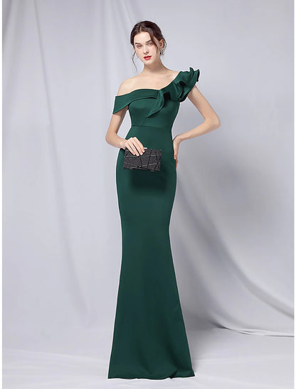 Mermaid / Trumpet Evening Gown Empire Dress Wedding Guest Formal Evening Floor Length Short Sleeve One Shoulder Stretch Satin with Ruffles