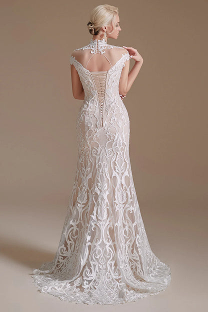 Mermaid White Lace See-Through Open Back Wedding Dress