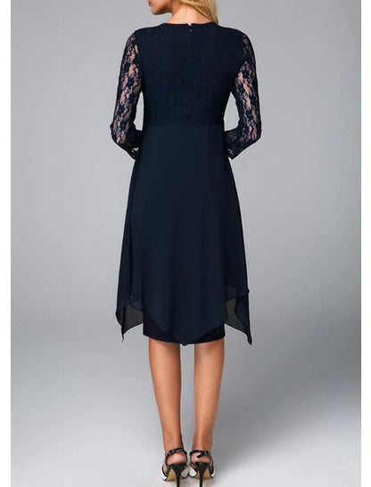 Sheath / Column Mother of the Bride Dress Plus Size Jewel Neck Knee Length Chiffon 3/4 Length Sleeve with Lace Crystals