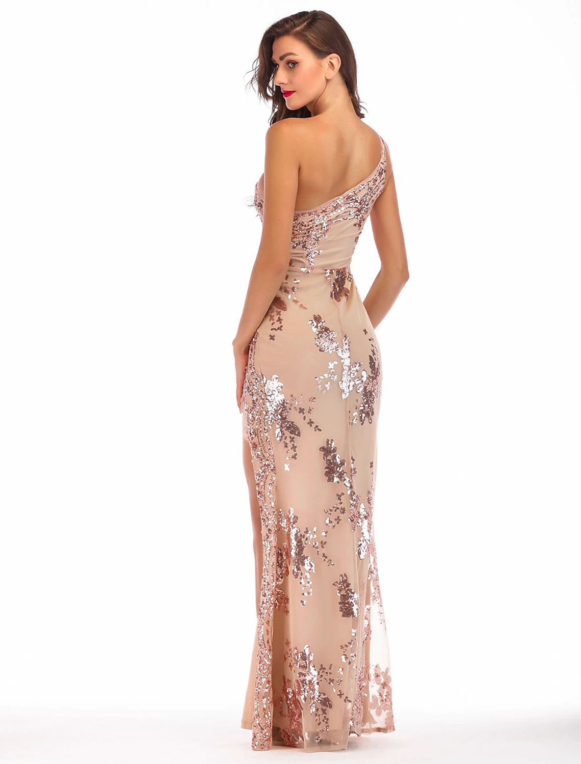 Sheath / Column Evening Gown Vintage Dress Holiday Party Wear Floor Length Sleeveless One Shoulder Cotton Blend Backless with Sequin Splicing
