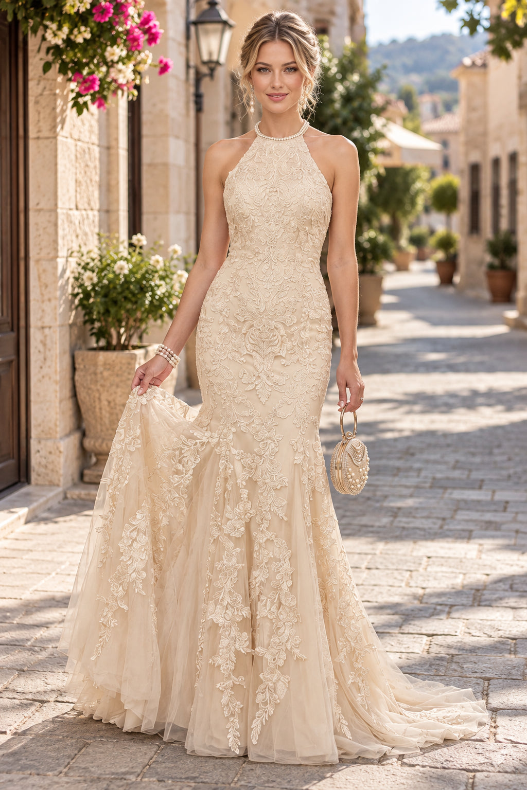Champagne Halter Lace Mermaid Open Back Evening Gown