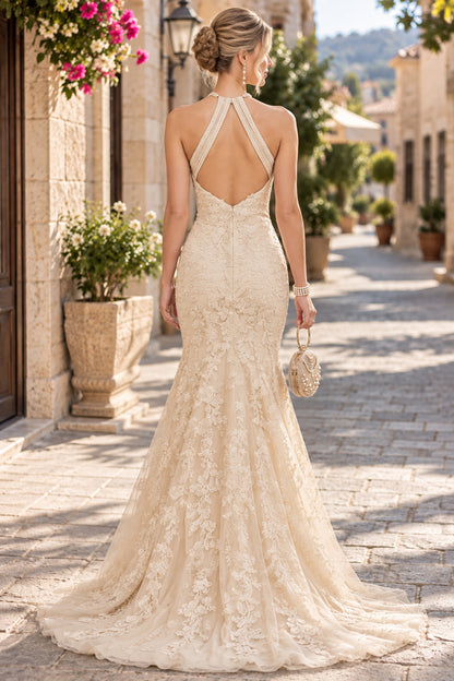 Champagne Halter Lace Mermaid Open Back Evening Gown