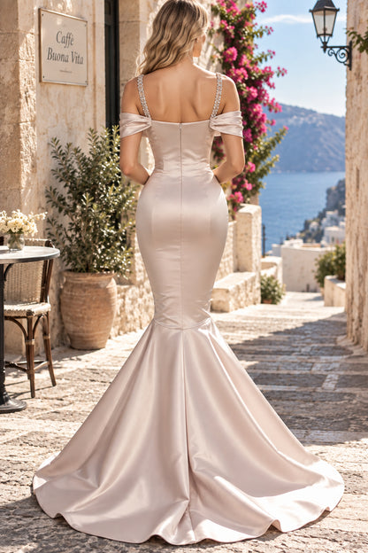 Champagne Mermaid Off Shoulder Beaded Strap Floor Evening Dresses