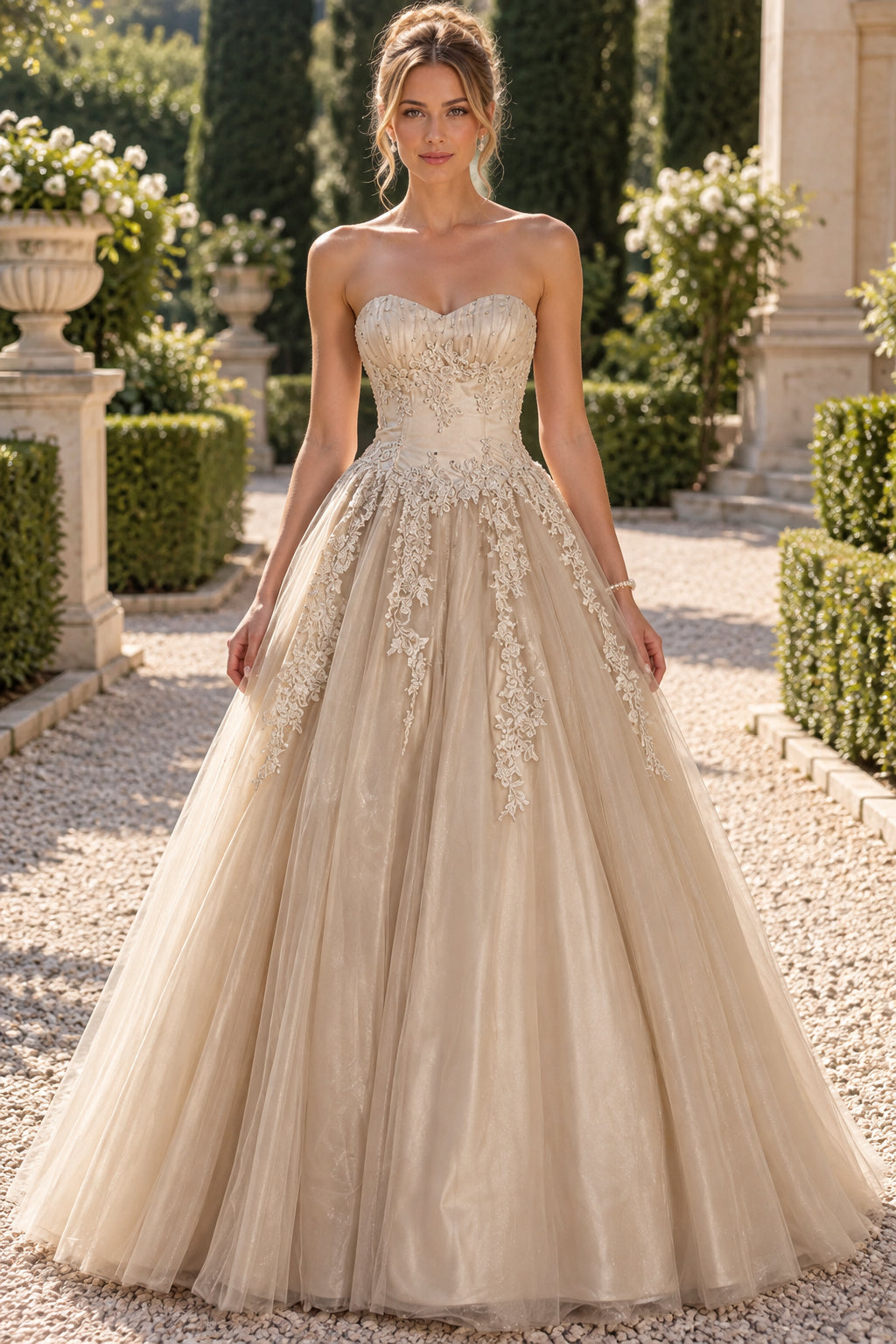Champagne Strapless Sweetheart Lace Applique Lace Up Back A Line Evening Gown