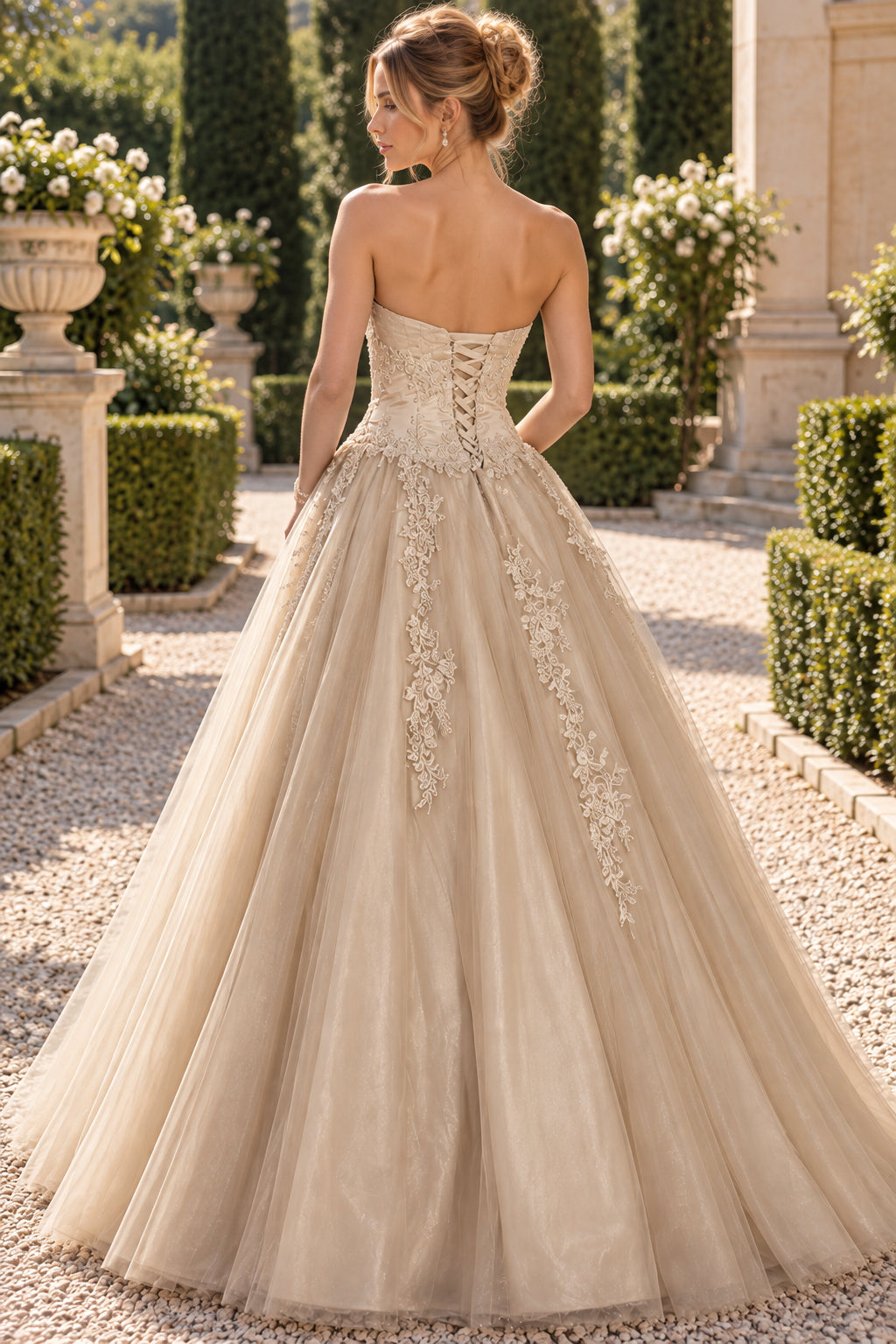Champagne Strapless Sweetheart Lace Applique Lace Up Back A Line Evening Gown