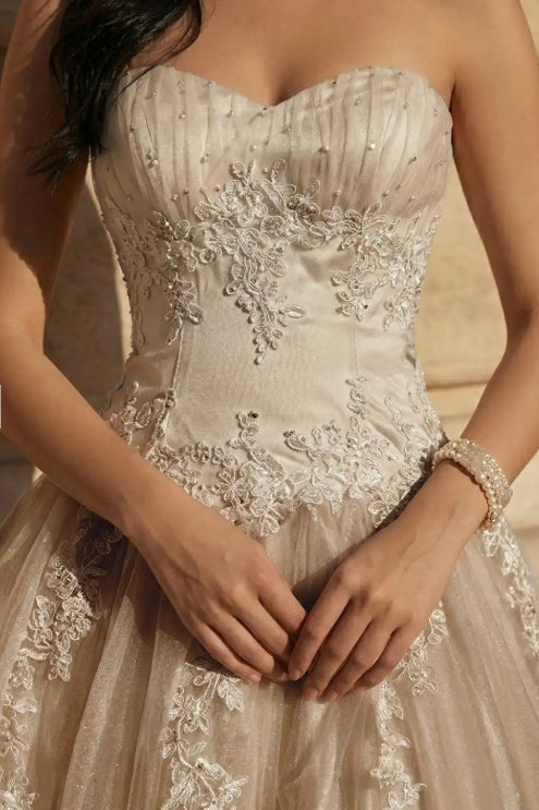 Champagne Strapless Sweetheart Lace Applique Lace Up Back A Line Evening Gown