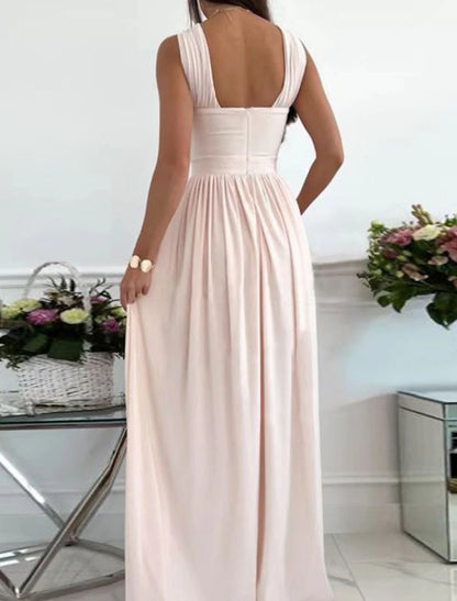 Women‘s Formal Party Dress Wedding Guest Dress Long Dress Maxi Dress Light Pink Black Red Sleeveless Pure Color Ruched Spring Summer Halte