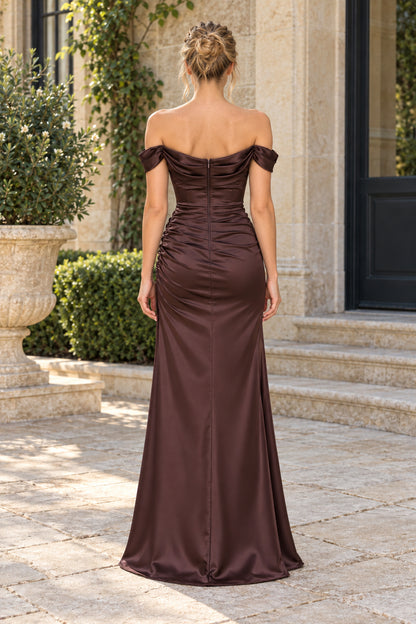 Chocolate Mermaid Off-Shoulder Short Sleeve Zip Back Floor-Length Evening Dress