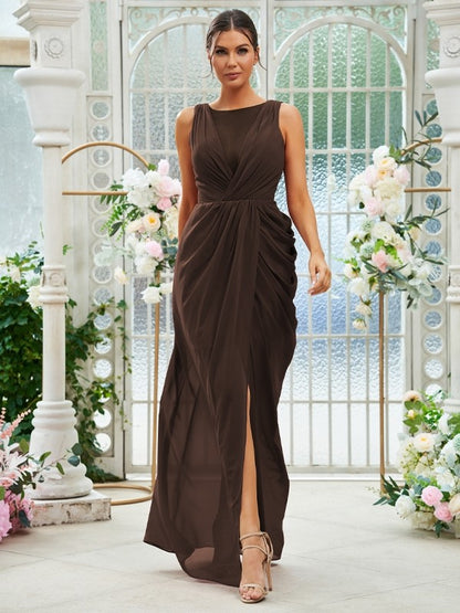 Sheath/Column Chiffon Ruched Scoop Sleeveless Floor-Length Bridesmaid Dresses