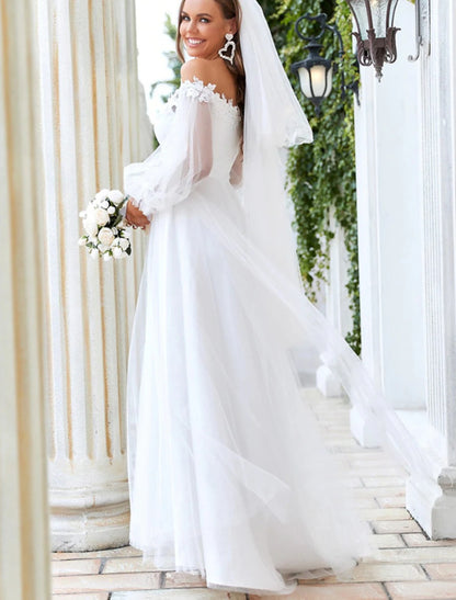 Beach Wedding Dresses A-Line Off Shoulder Long Sleeve Floor Length Tulle Bridal Gowns With Lace Insert Appliques Summer Wedding Party