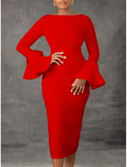 White Dress Party Dress Feather Dress Crew Neck Long Sleeve Midi Dress Birthday Vacation Black White Summer Spring