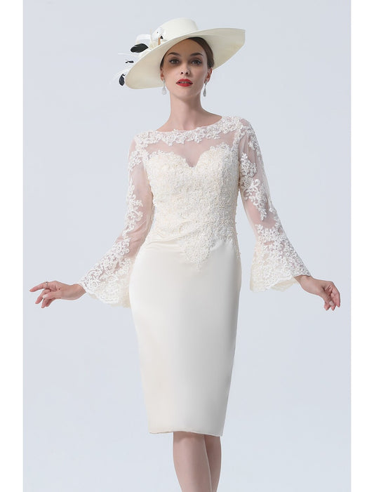 Sheath / Column Mother of the Bride Dress Vintage Plus Size Elegant Jewel Neck Knee Length Satin Lace Long Sleeve with Lace