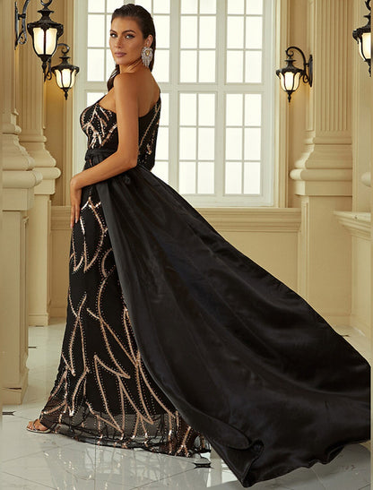 Mermaid / Trumpet Evening Gown Vintage Dress Formal Wedding Guest Court Train Long Sleeve One Shoulder Polyester with SequinMermaid / Trumpet Evening Gown Vintage Dress Formal Wedding Guest Court Train Long Sleeve One Shoulder Polyester with Sequin