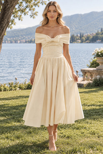 Cream Off Shoulder Bow Ruched Open Back A-Line Midi Evening Dress