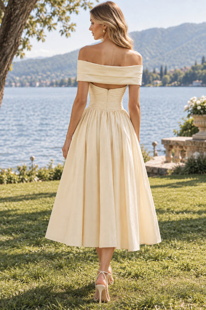 Cream Off Shoulder Bow Ruched Open Back A-Line Midi Evening Dress
