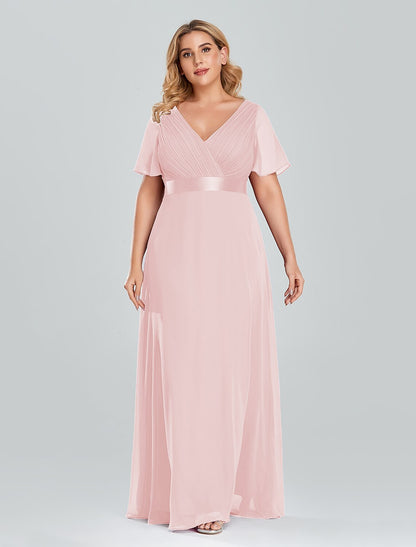A-Line Prom Dresses Empire Dress Wedding Guest Floor Length Short Sleeve V Neck Chiffon with Pleats