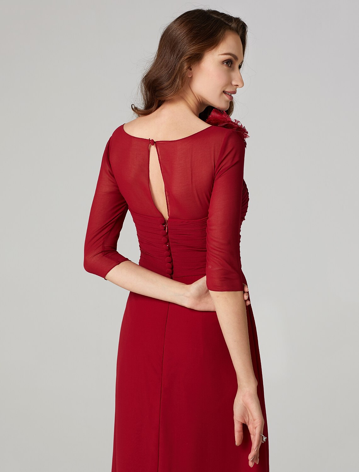 Sheath / Column Keyhole Dress Holiday Wedding Guest Floor Length 3/4 Length Sleeve Bateau Neck Charmeuse with Ruched Flower