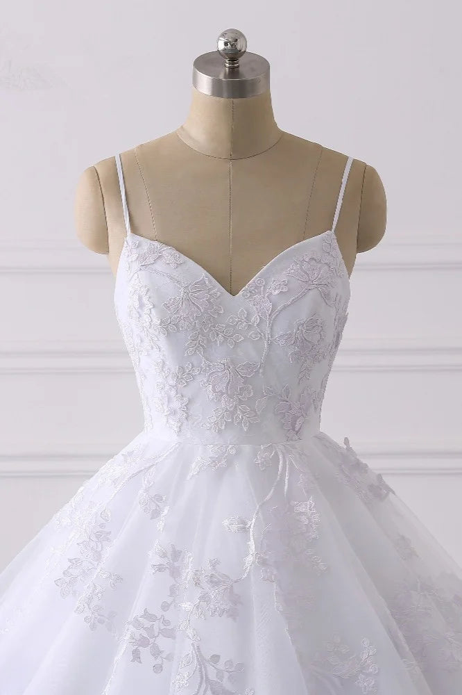 Spaghetti-Straps V-Neck Wedding Dress With Lace Appliques