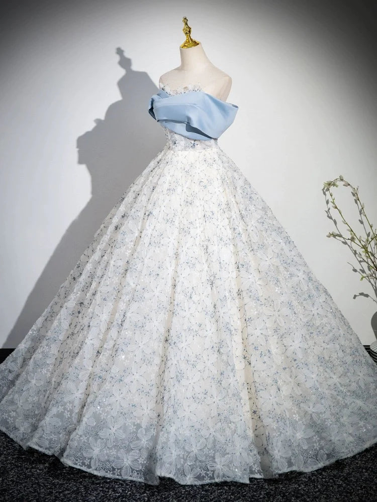 A-Line Off Shoulder Tulle Lace Blue Long Prom Dress Quinceanera Dress