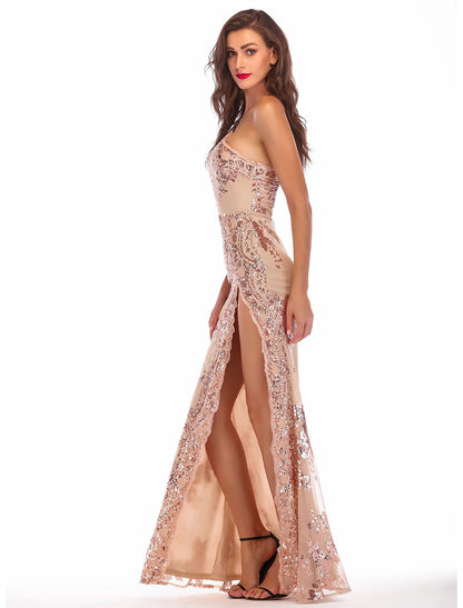 Sheath / Column Evening Gown Vintage Dress Holiday Party Wear Floor Length Sleeveless One Shoulder Cotton Blend Backless with Sequin Splicing
