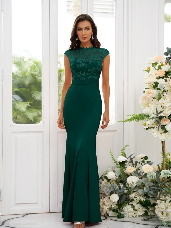 Trumpet/Mermaid Stretch Crepe Applique High Neck Sleeveless Floor-Length Bridesmaid Dresses