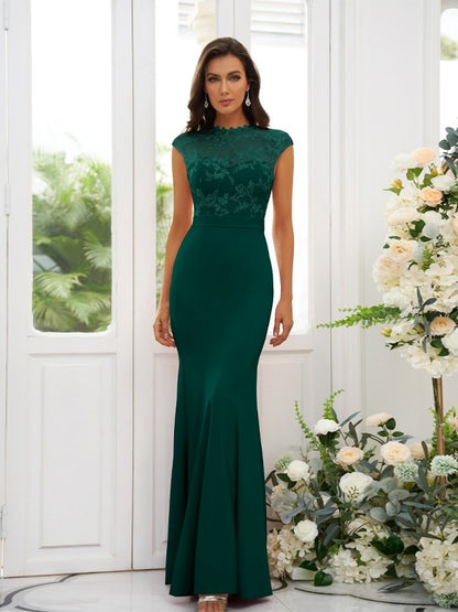 Trumpet/Mermaid Stretch Crepe Applique High Neck Sleeveless Floor-Length Bridesmaid Dresses