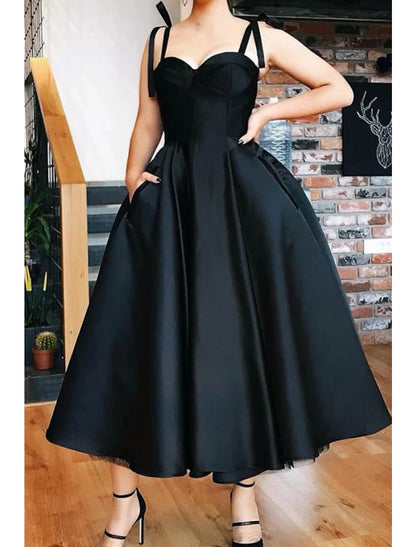 Ball Gown Cocktail Black Dress Plus Size Vintage Dress Party Wear Prom Tea Length Sleeveless Spaghetti Strap Wednesday Addams Family Satin with Pleats