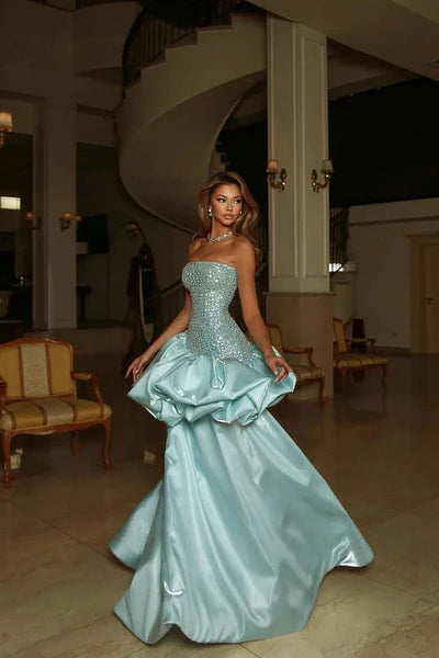 Mint Satin Maxi Prom Dresses with Strapless Beaded Bodice Ruffled Peplum for Prom and Red Carpet