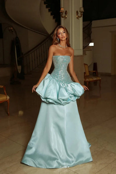 Mint Satin Maxi Prom Dresses with Strapless Beaded Bodice Ruffled Peplum for Prom and Red Carpet