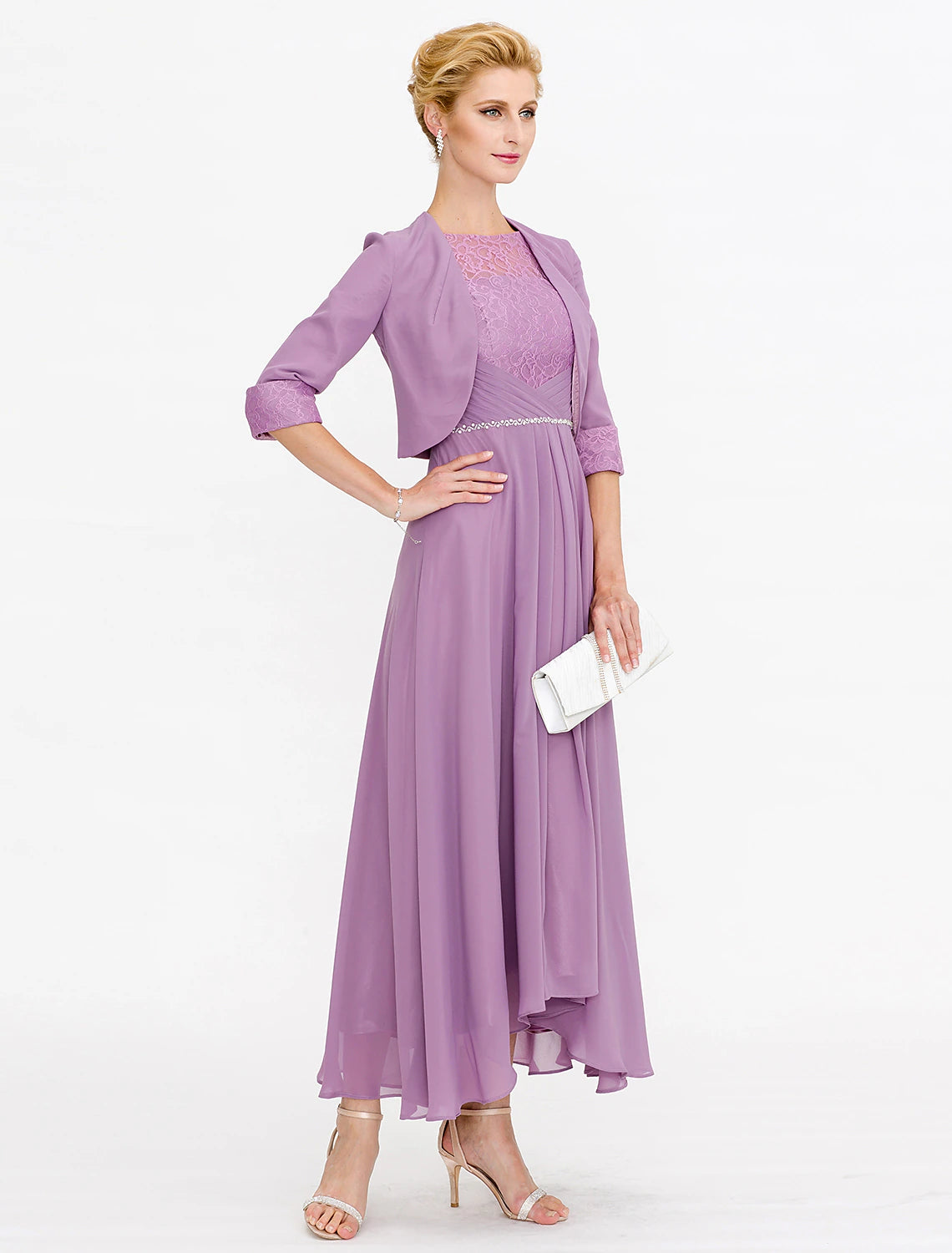 Two Piece Ball Gown A-Line Mother of the Bride Dress Formal Church Convertible Dress High Low See Through Illusion Neck Asymmetrical Chiffon Lace 3/4 Length Sleeve with Crystals