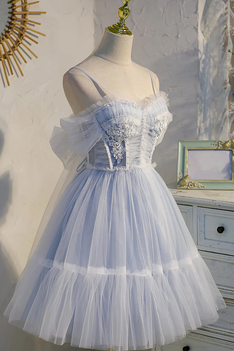 A-Line Princess Spaghetti Straps Tulle Lace Appliques Short Prom Dresses With Bow