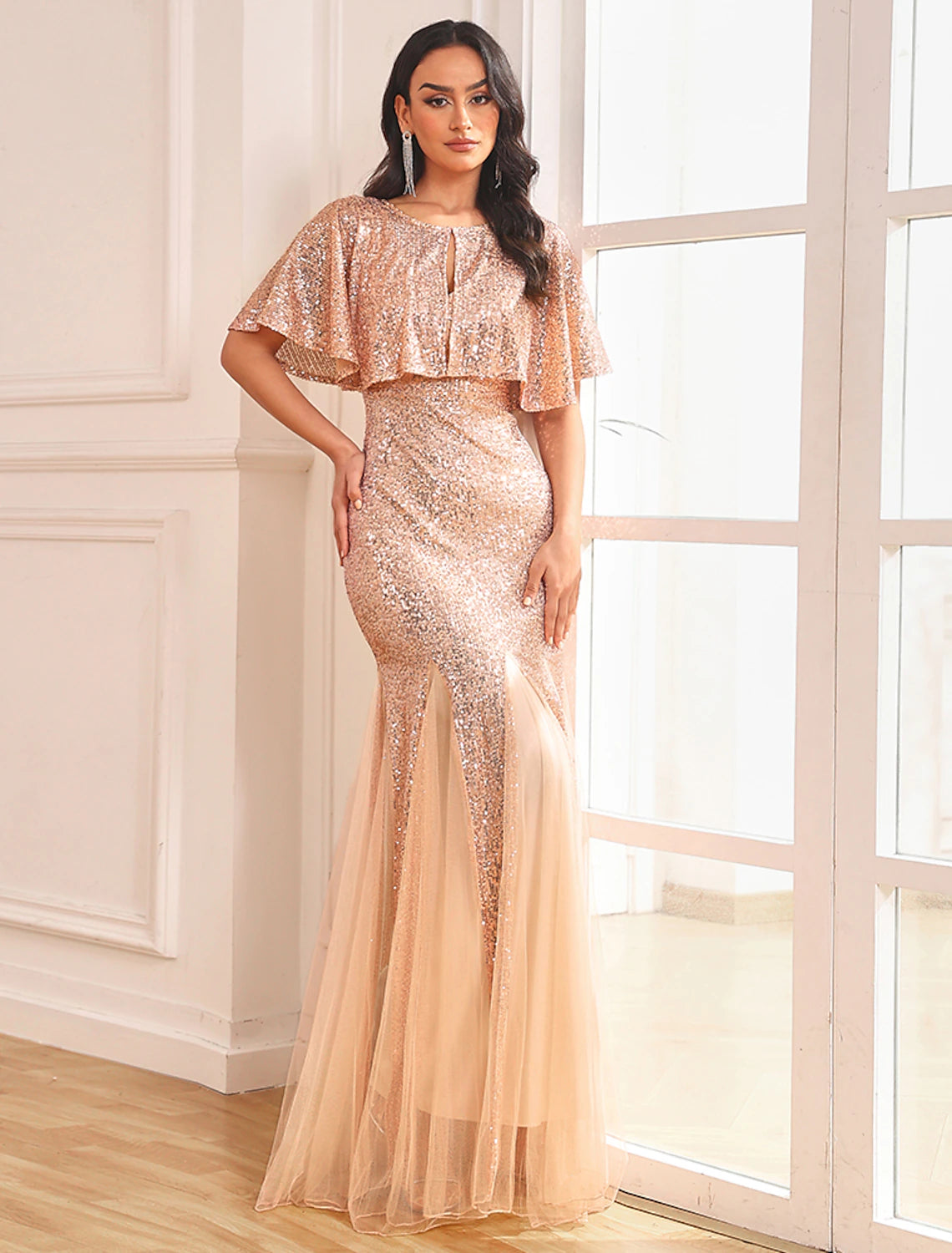 Two Piece Mermaid / Trumpet Party Dresses Sparkle & Shine Dress Prom Floor Length Sleeveless V Neck Capes Tulle V Back with Sequin Shawl