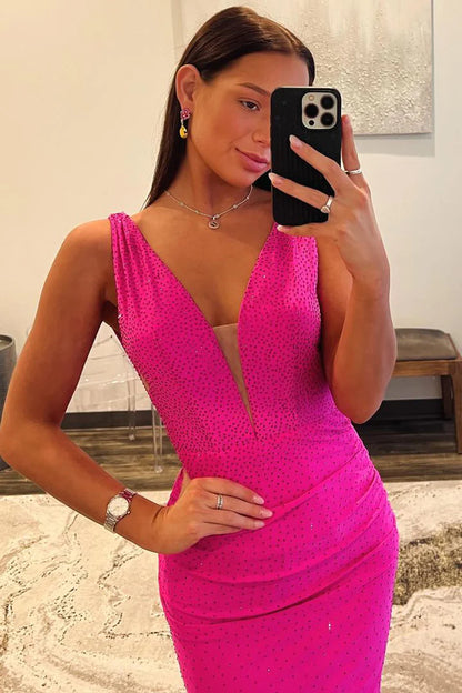 Fuchsia Satin Mermaid Long Prom Dresses with Beading