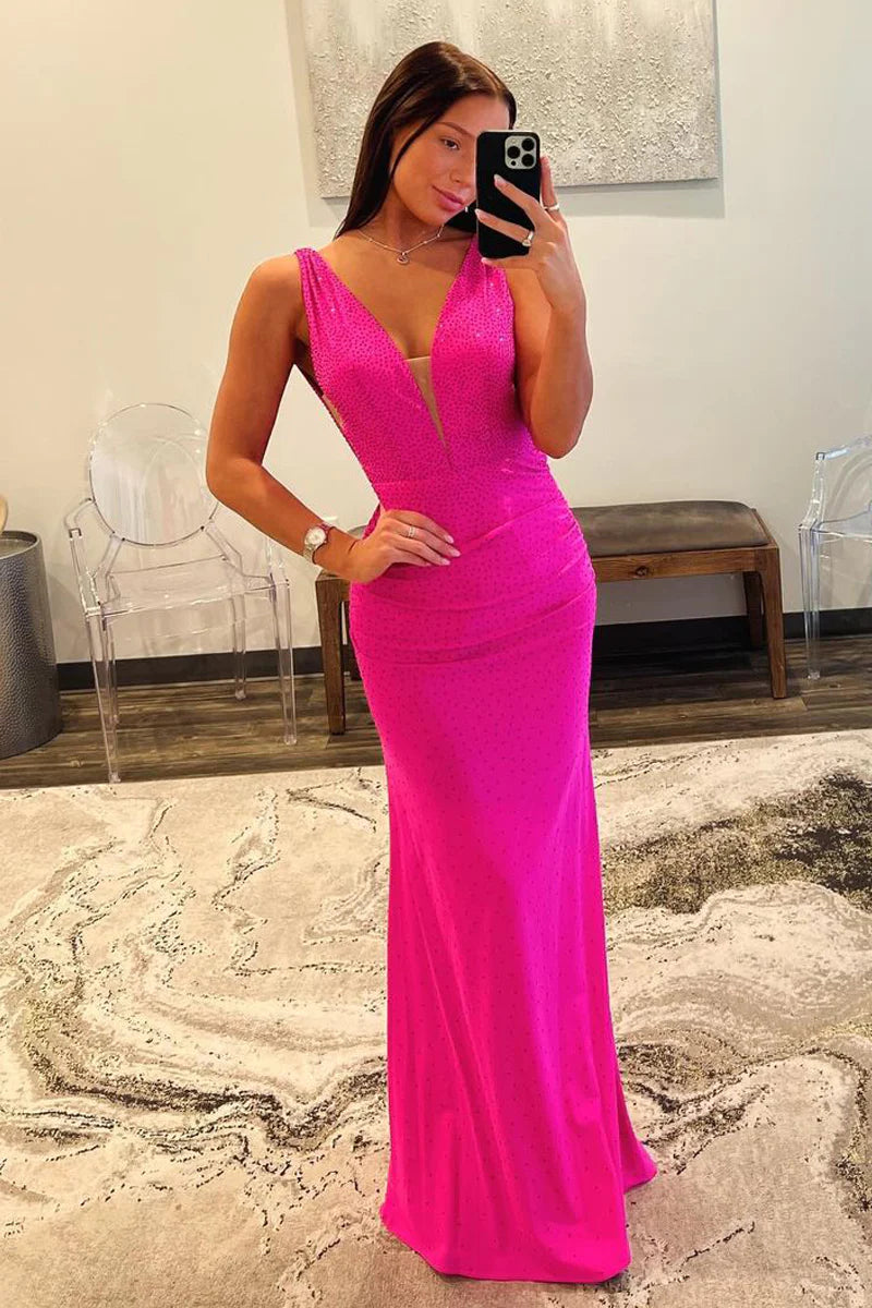 Fuchsia Satin Mermaid Long Prom Dresses with Beading
